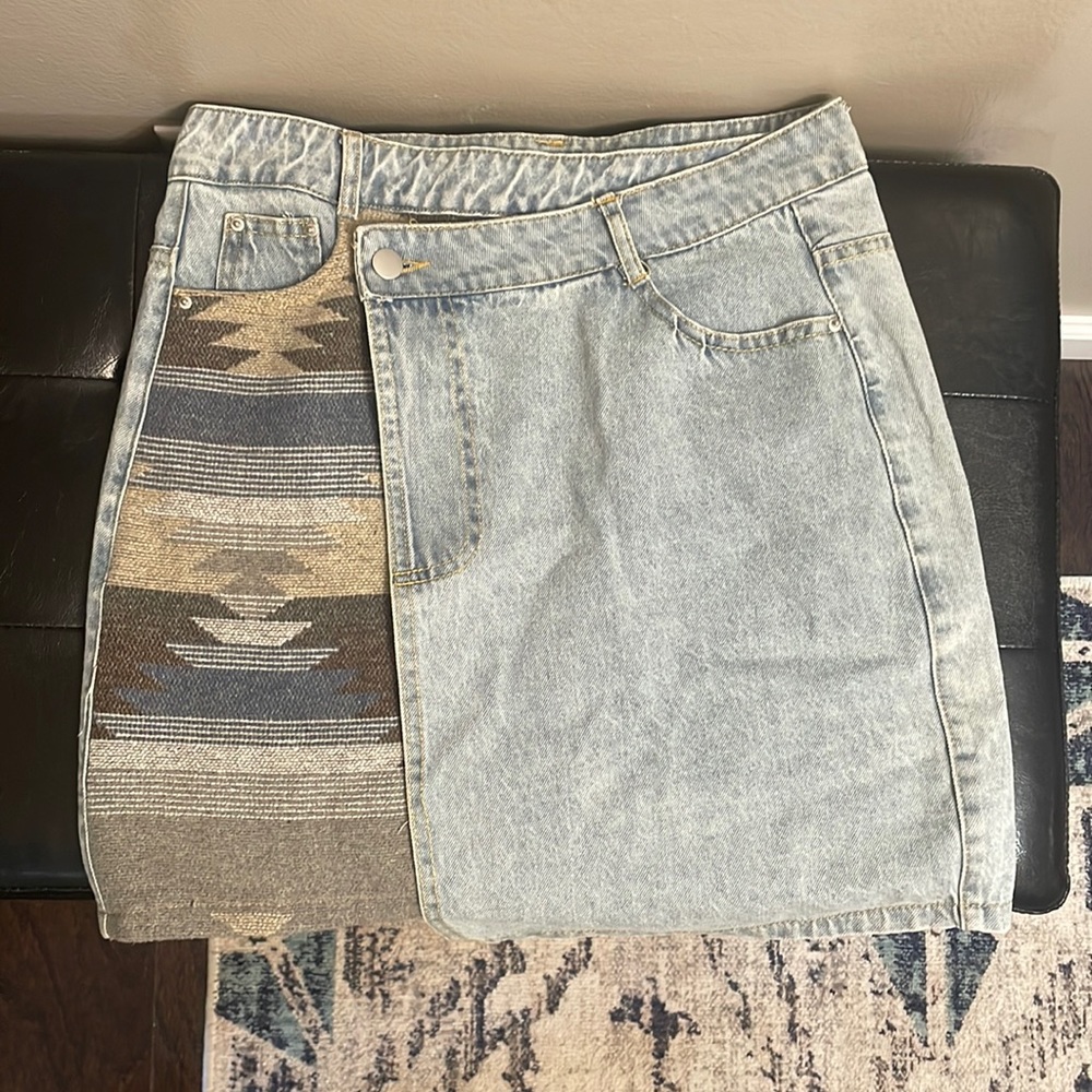 Denim skirt with tribal underlay. Brand new WO tags.